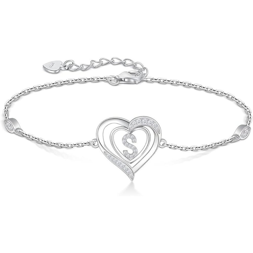 Heart Initial 925 Sterling Silver Letter Alphabet Jewelry - Letter S